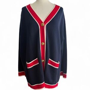 Tuckernuck Lauren Cardigan Midnight Navy with red and gold buttons (sz M)